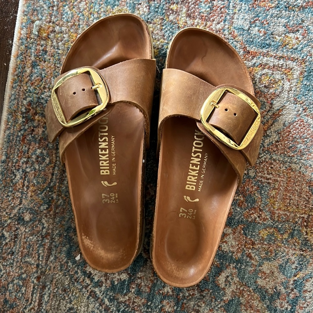Birkenstock brown and gold buckle sandals
